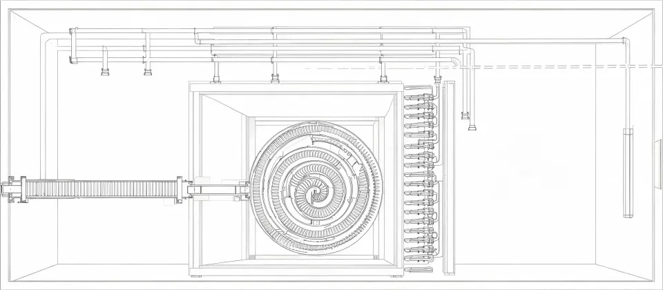 Schematic of an industrial freezer bay with belt infeed, coil access and utility headers