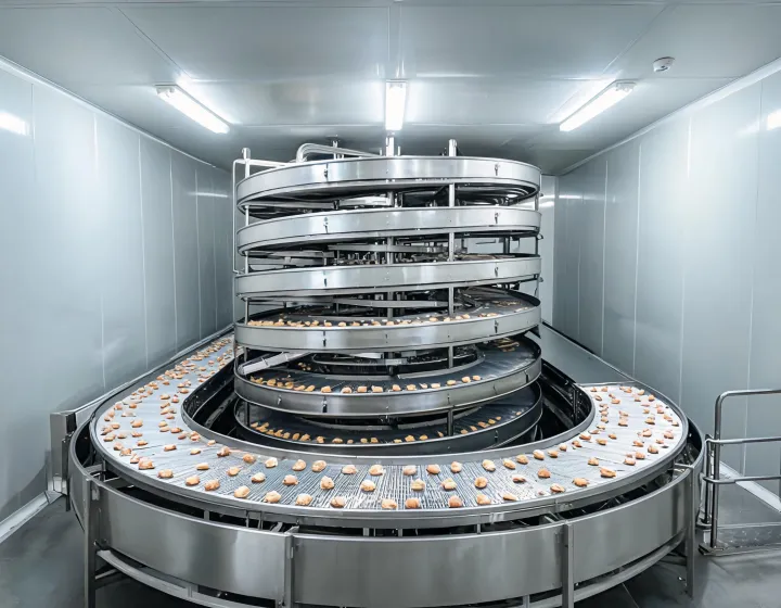 Spiral industrial freezer belt carrying separated food pieces inside an insulated enclosure